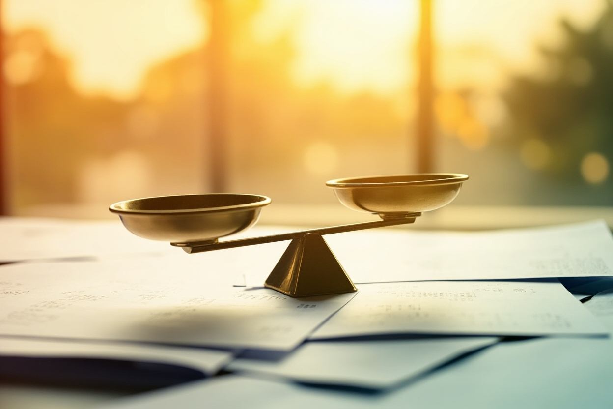Wide view of a balanced scale with financial documents, symbolizing organized accounting for small businesses.