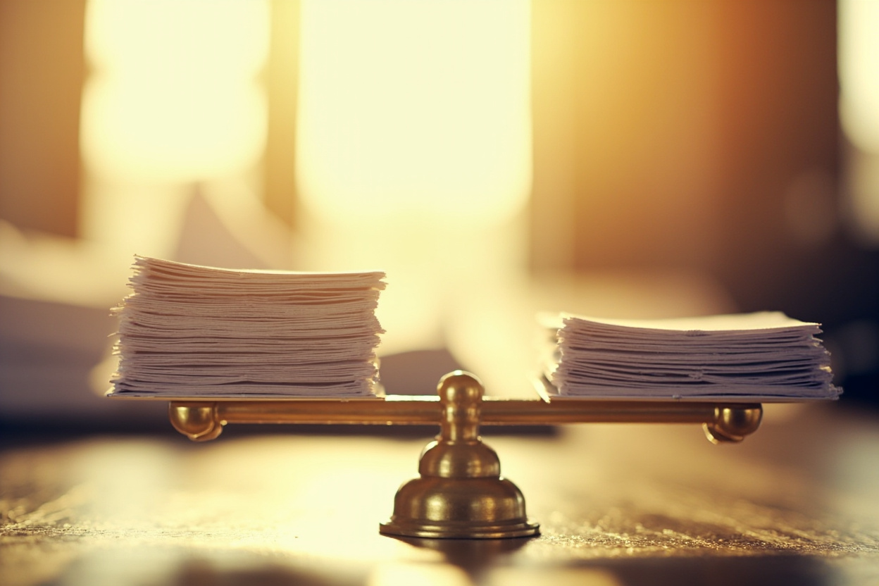 Wide shot of a balanced scale with financial documents, symbolizing organized accounting for small businesses.